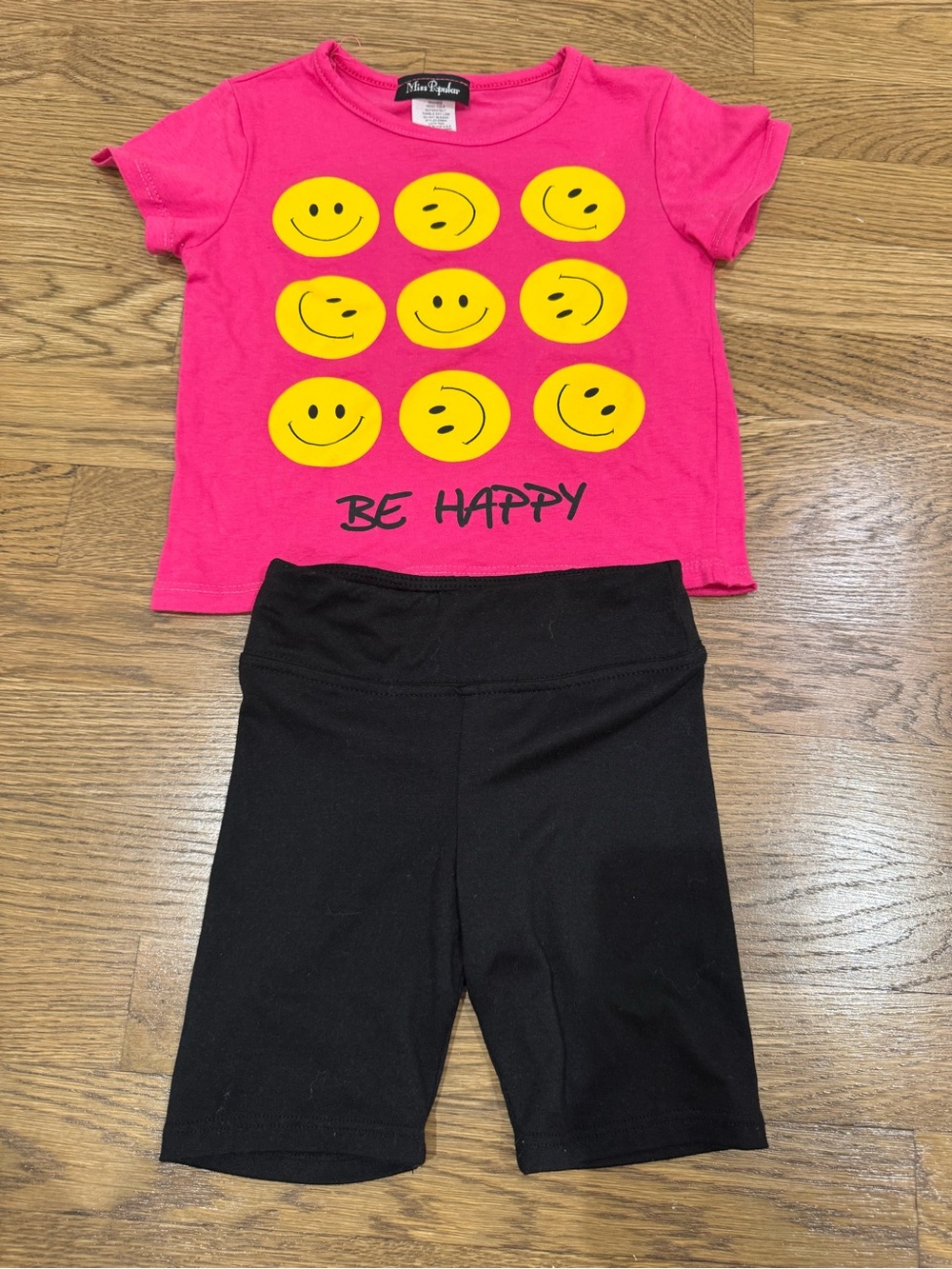 Miss Popilar Hot Pink Smiley Tee & Pixielane Black Bike Shorts Set 3T LIKE NEW